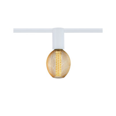 Moderner weißer Stromschienenstrahler mit goldfarbenem Metallgitter und warmweißem LED-Licht