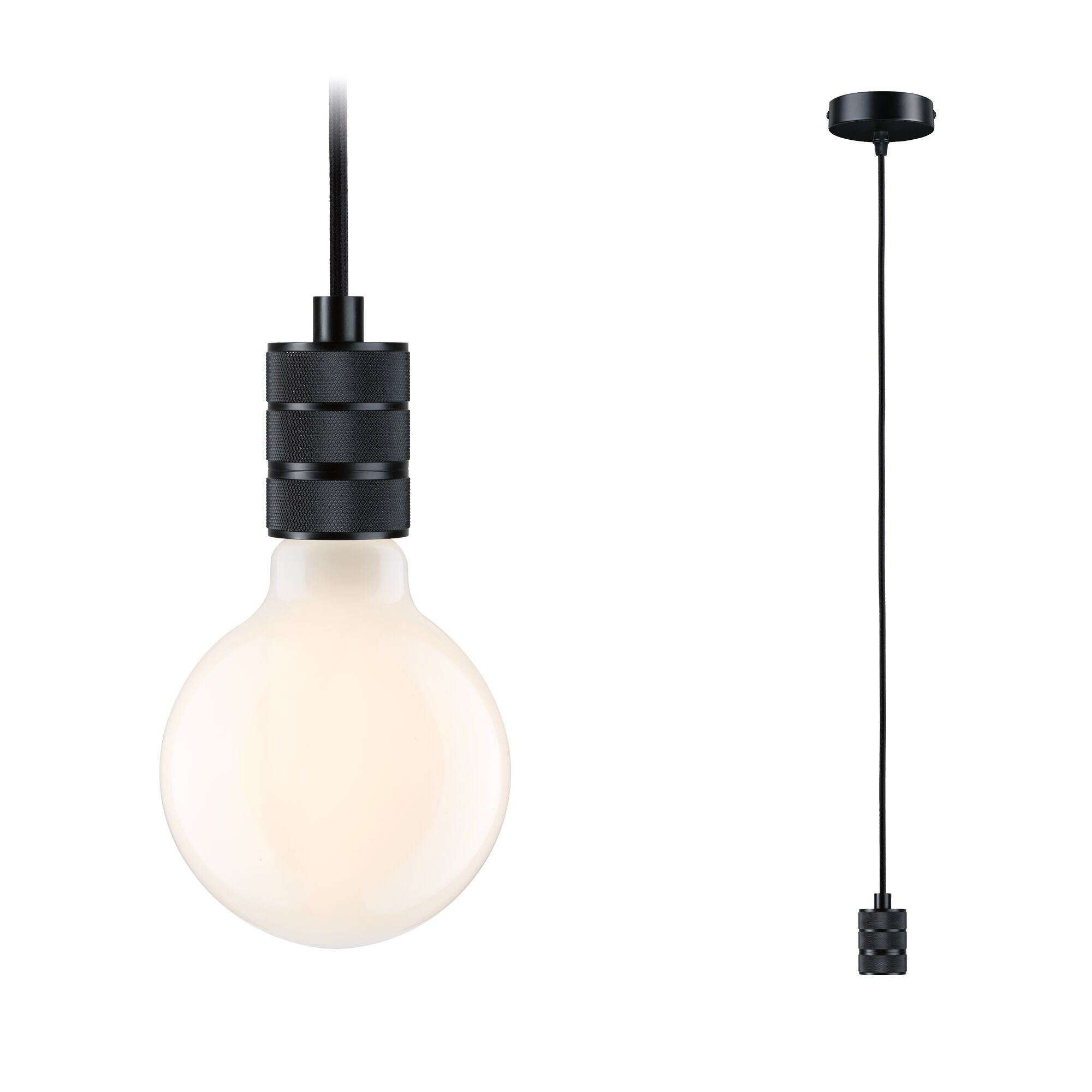 Neordic Hanglamp Tilla E27 max. 60W Zwart dimbaar Metaal Zwarte metalen hanglamp met stoffen kabel en warm wit licht, geschikt voor moderne interieurs