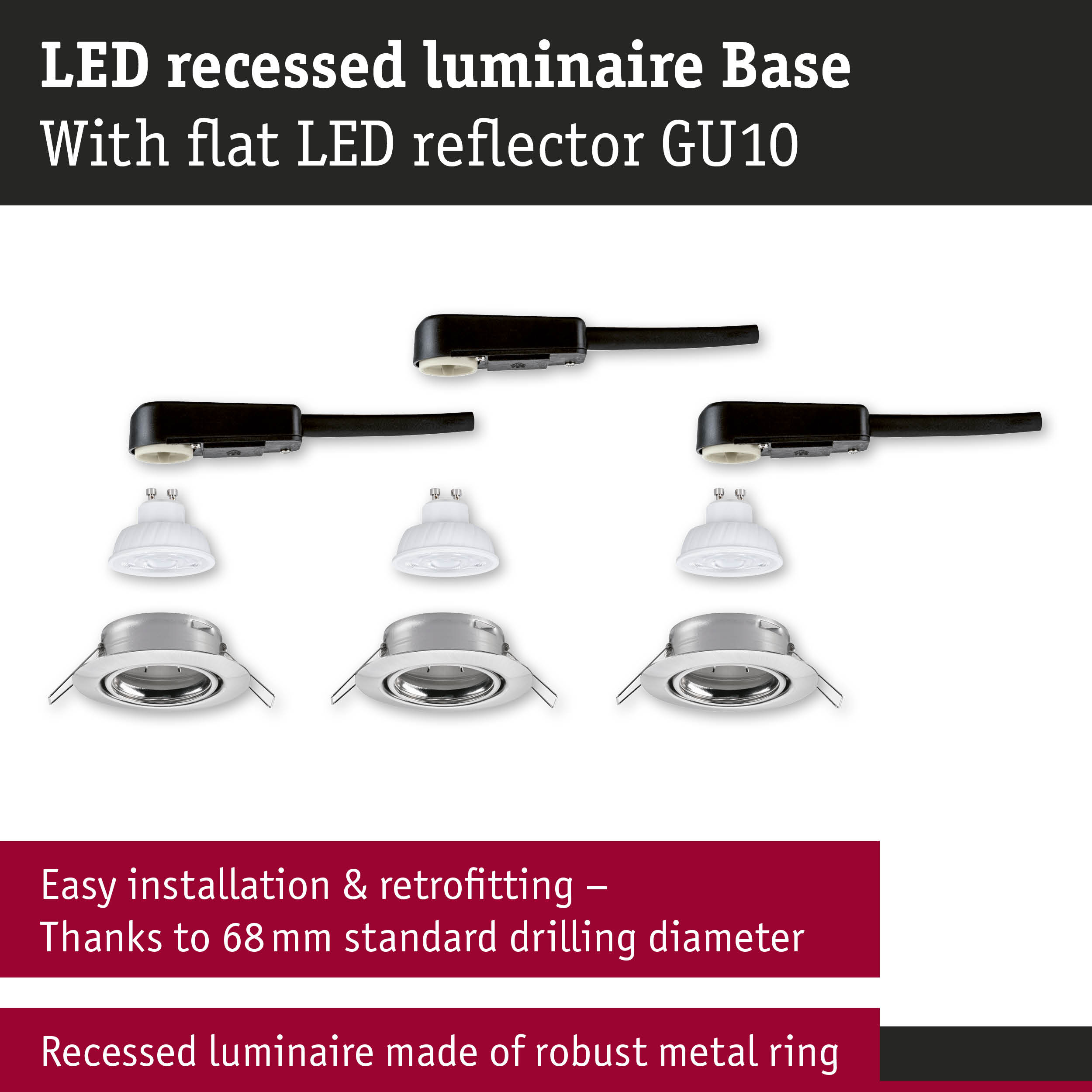 LED recessed luminaire with flat GU10 LED reflector and sturdy silver metal ring for easy installation