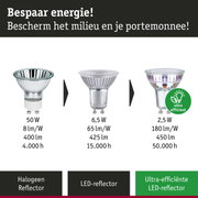 Vergelijking van halogeen- en LED-reflectorlampen van glas met verschillende wattages en efficiëntie