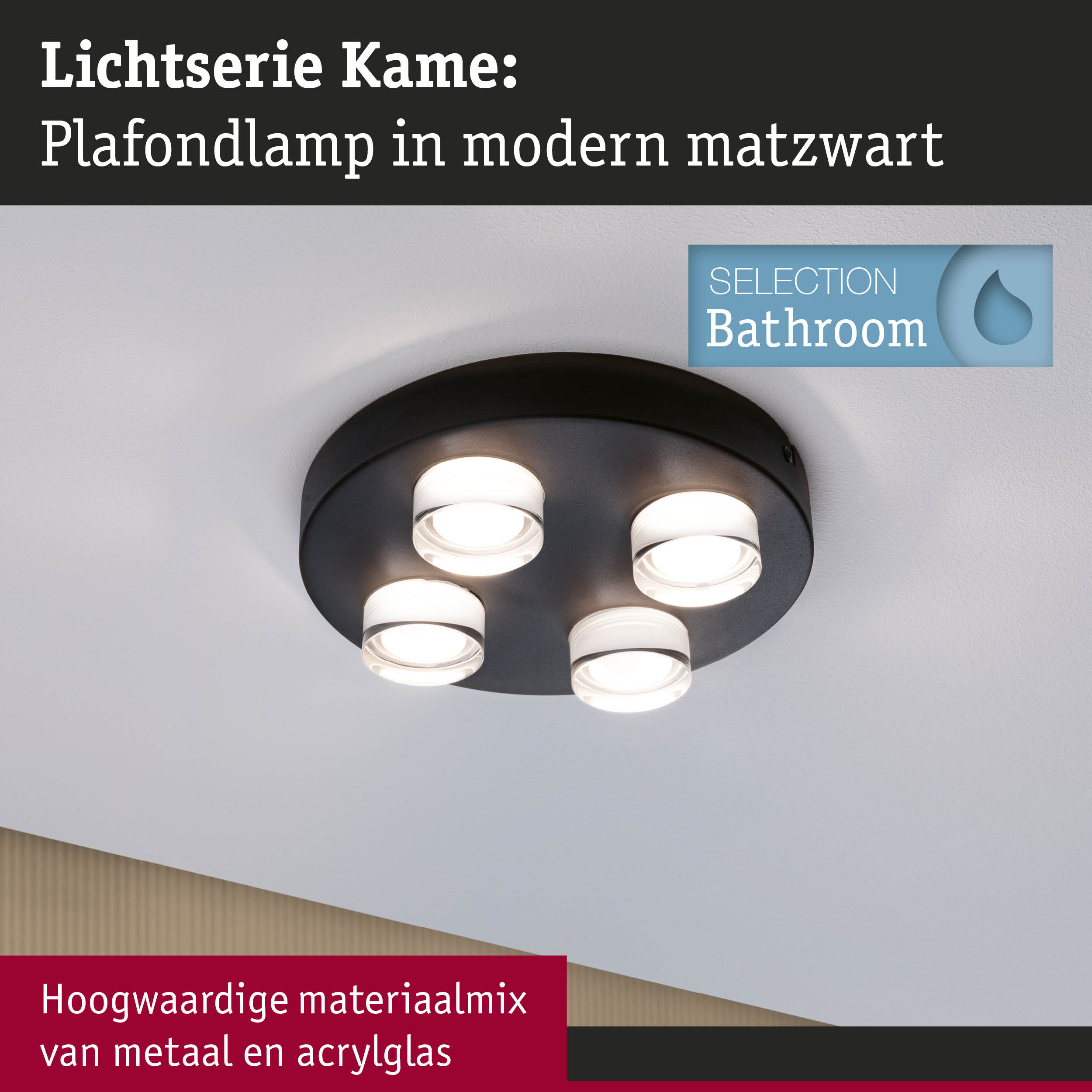Plafondlamp Kame in modern matzwart van metaal en acrylglas voor badkamerverlichting