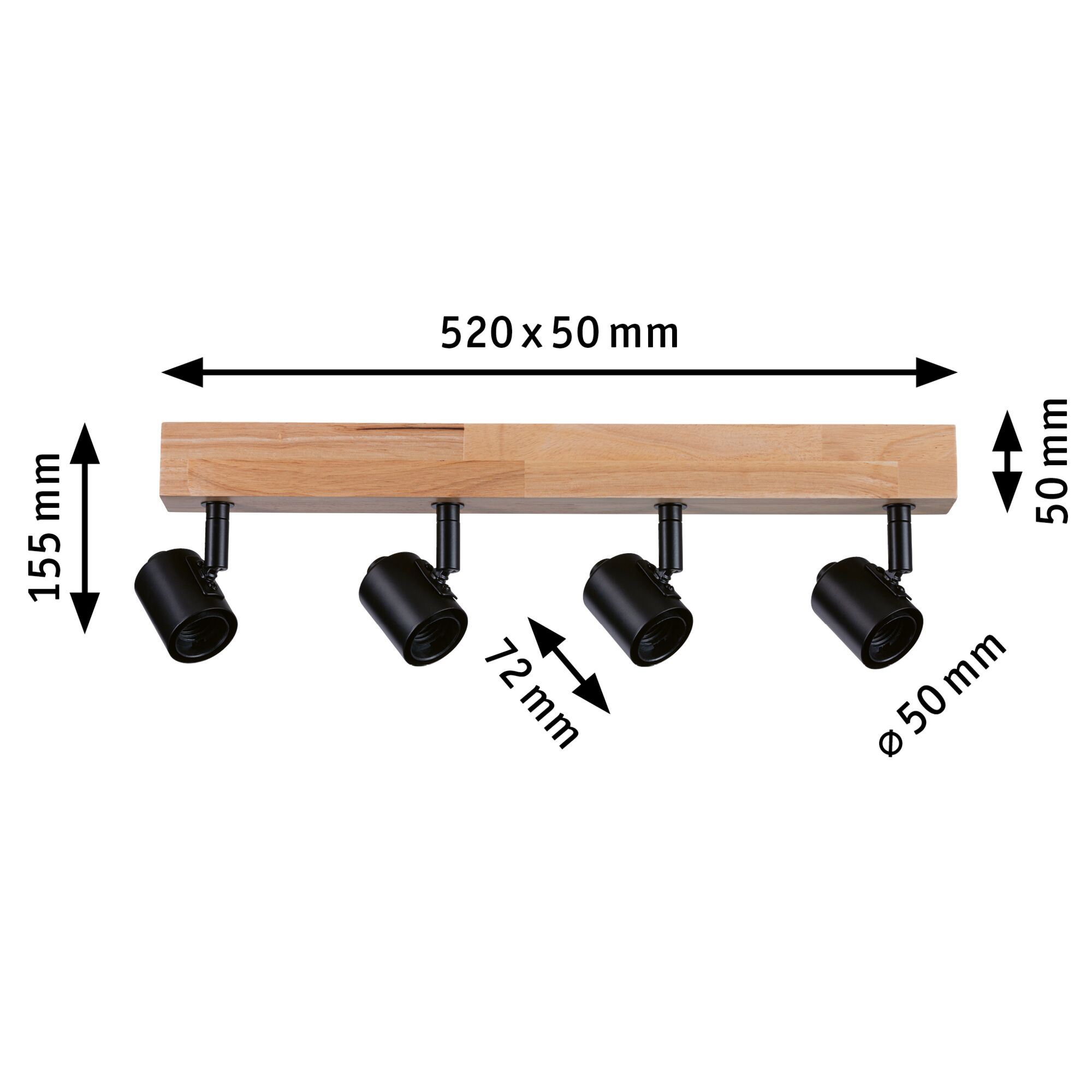 Four-light ceiling spotlight with wooden bar and black metal lamps, size 520x50 mm, modern LED lighting fixture