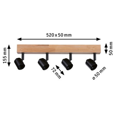 Four-light ceiling spotlight with wooden bar and black metal lamps, size 520x50 mm, modern LED lighting fixture