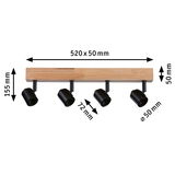 Four-light ceiling spotlight with wooden bar and black metal lamps, size 520x50 mm, modern LED lighting fixture