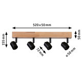 Four-light ceiling spotlight with wooden bar and black metal lamps, size 520x50 mm, modern LED lighting fixture