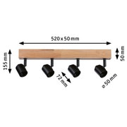 Four-light ceiling spotlight with wooden bar and black metal lamps, size 520x50 mm, modern LED lighting fixture