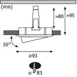 Technical drawing of recessed lighting system with 30-degree tilt and 93 mm diameter.