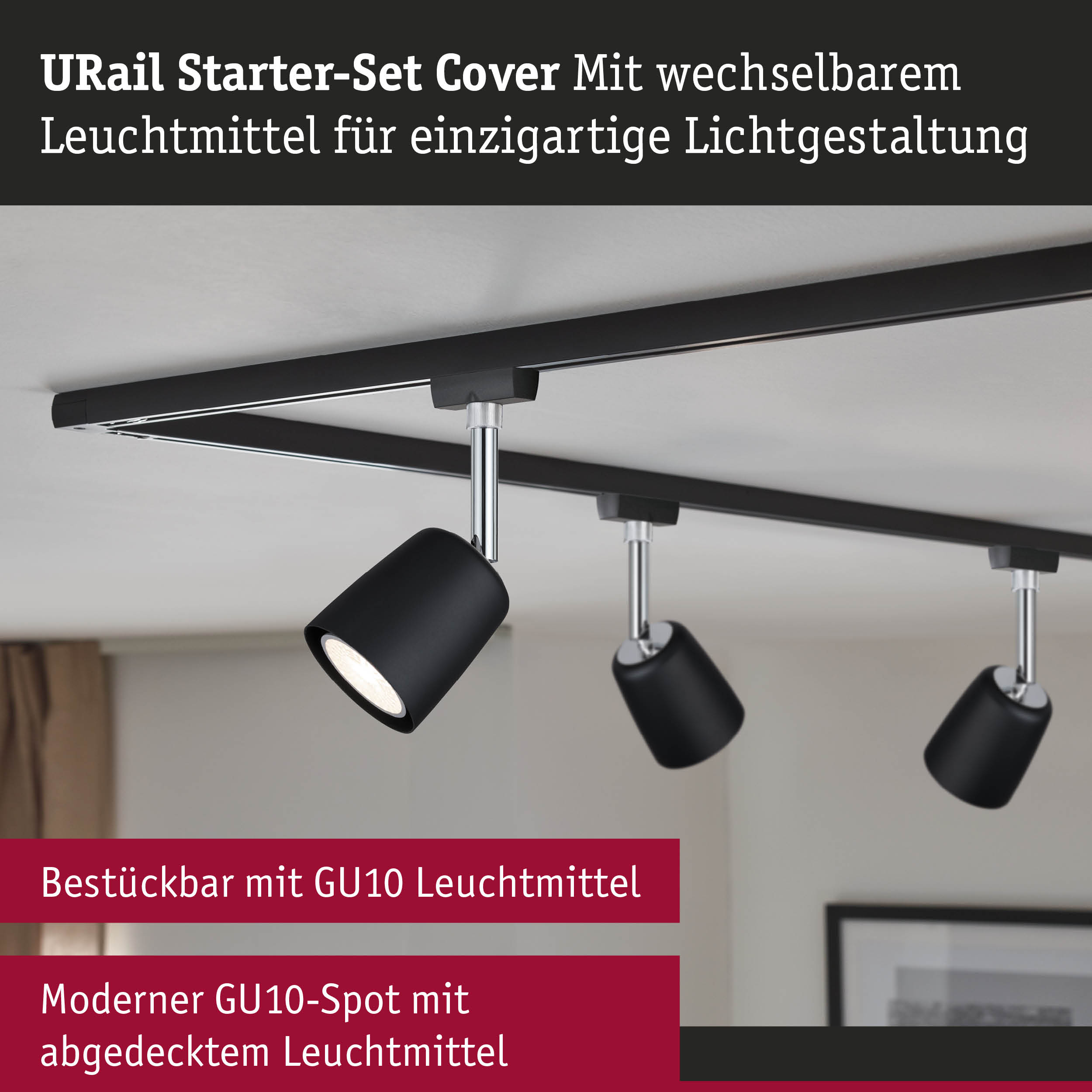 Schwarzes URail Starter-Set Cover mit wechselbaren GU10 Leuchtmitteln für moderne Lichtgestaltung