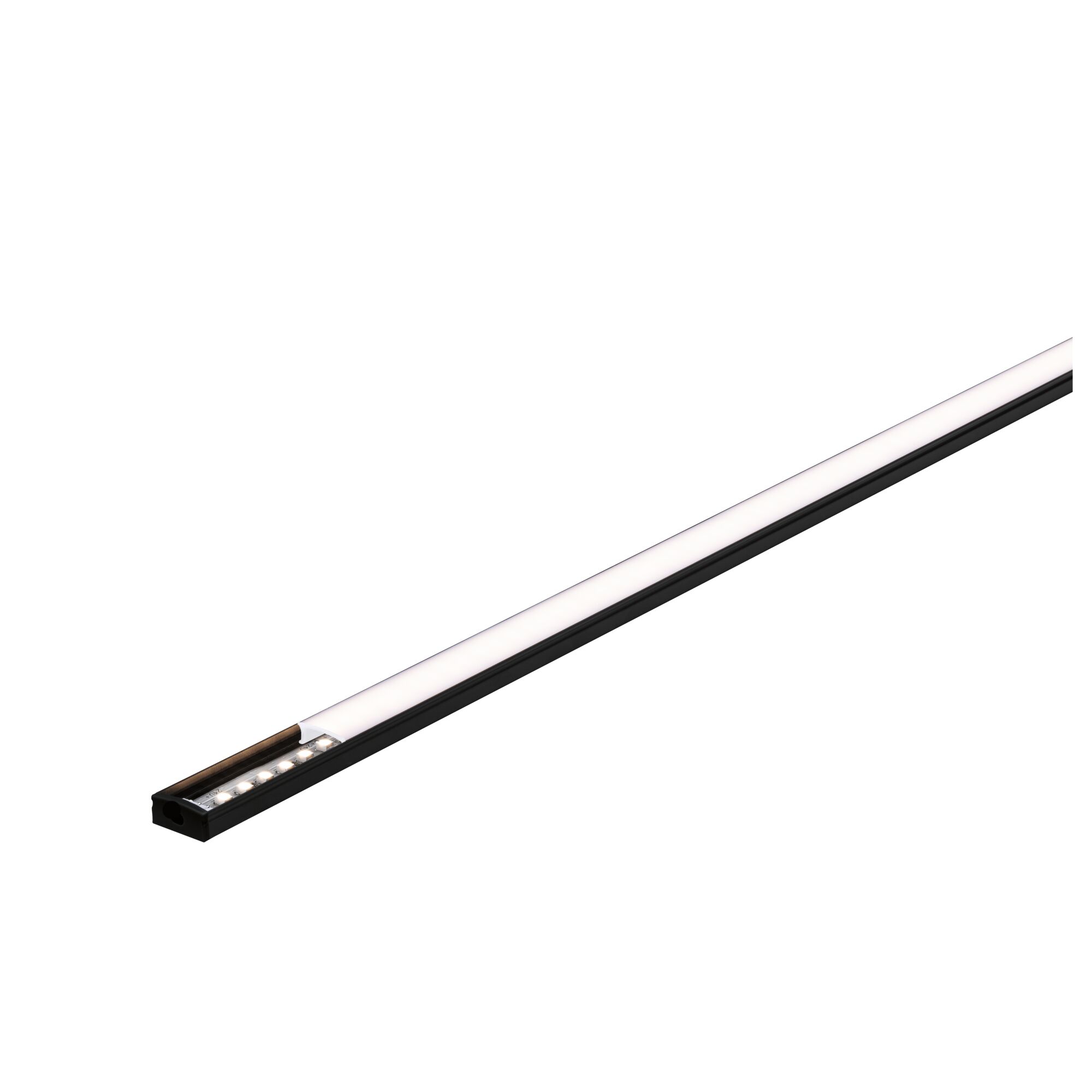 Slim black LED light strip with white diffuser for modern indoor lighting solutions