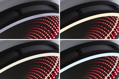 Four close-ups of a black LED ceiling light showing different light colors and red dot pattern.