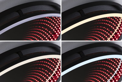 Quatre gros plans d'un plafonnier LED noir avec différentes couleurs de lumière et motif de points rouges.