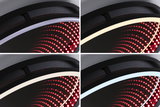 Quatre gros plans d'un plafonnier LED noir avec différentes couleurs de lumière et motif de points rouges.