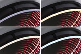 Quatre gros plans d'un plafonnier LED noir avec différentes couleurs de lumière et motif de points rouges.