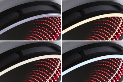 Quatre gros plans d'un plafonnier LED noir avec différentes couleurs de lumière et motif de points rouges.