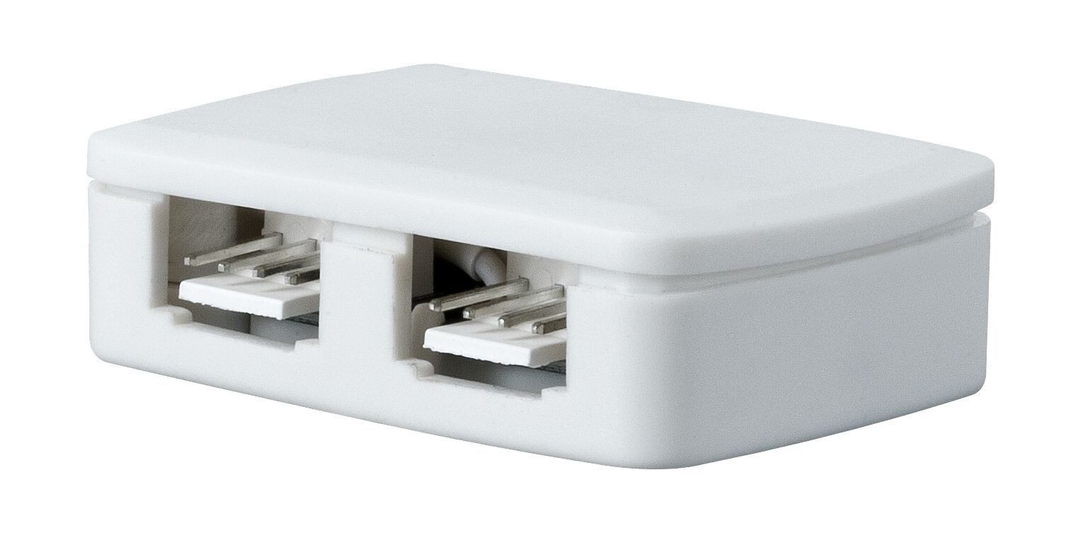 White plastic connector with two RJ11 ports for telephone and data connections