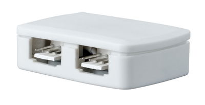 Witte kunststof connector met twee RJ11-poorten voor telefoon- en dataverbindingen