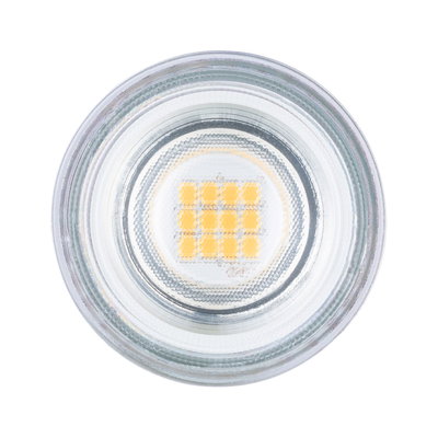 Rund LED-pære med klart glas og gule LED-chips til energieffektiv belysning