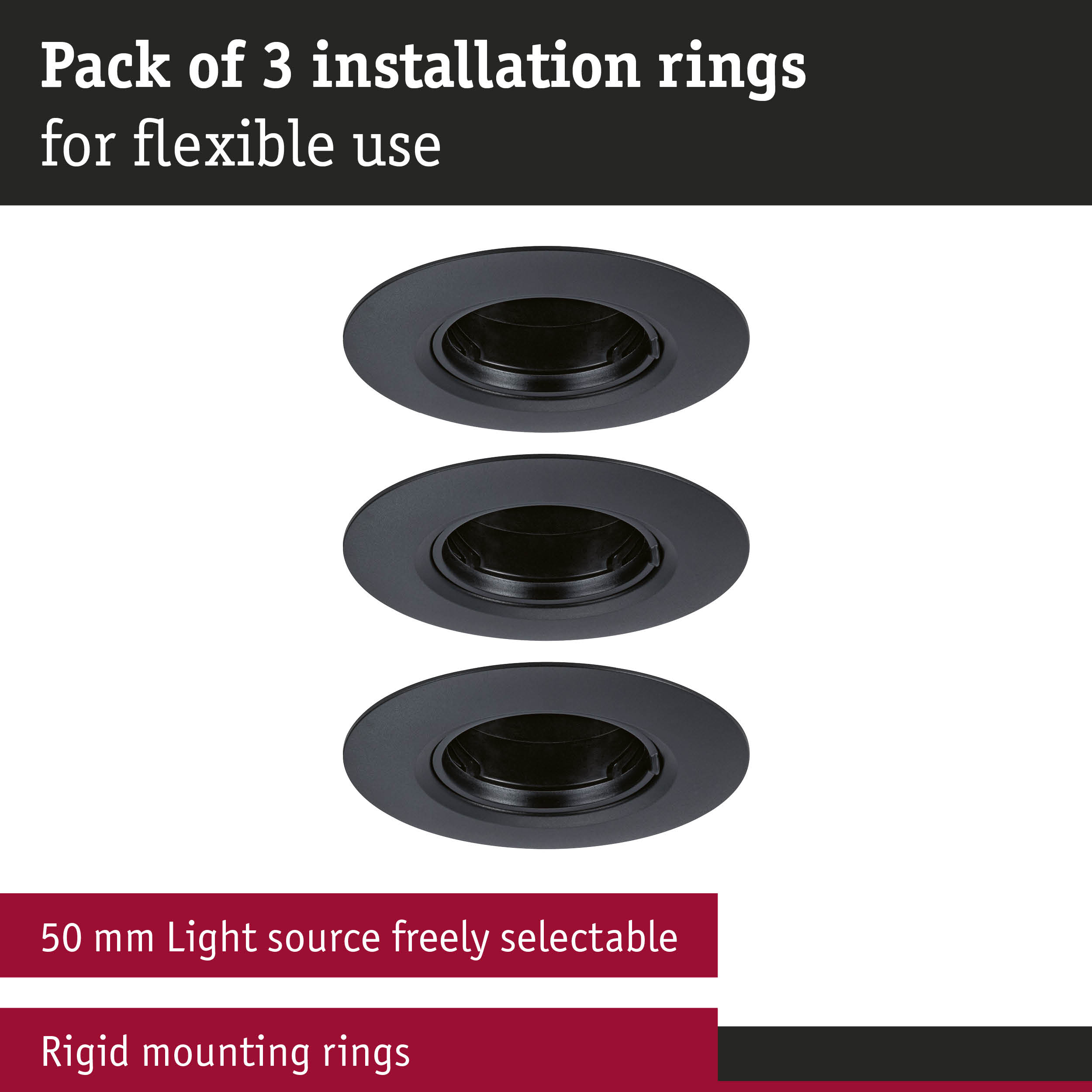 Pack of 3 black plastic mounting rings for flexible light source installation