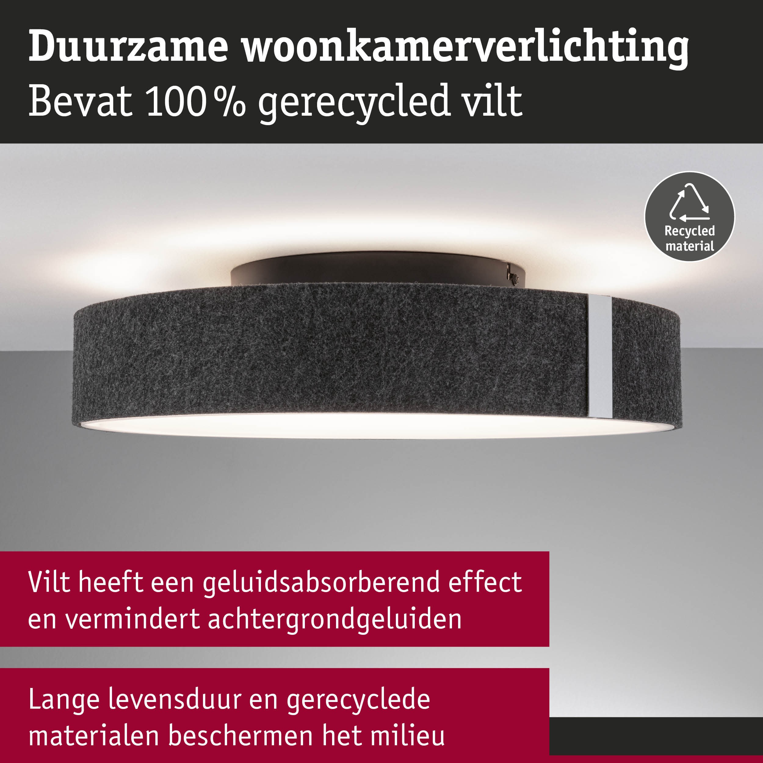 Duurzame woonkamerplafondlamp van 100% gerecycled donkergrijs vilt voor milieubewust wonen