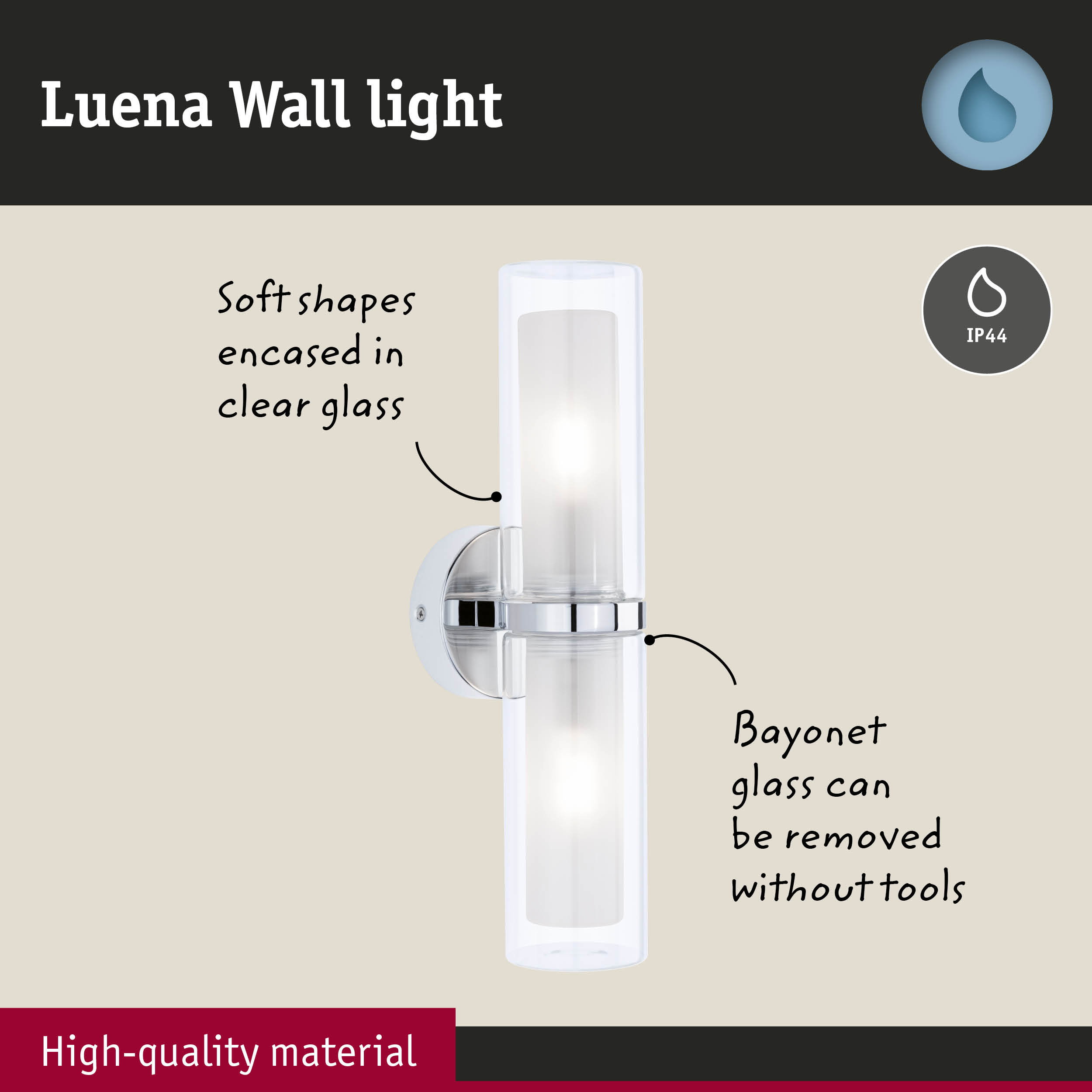 Luena wall light with clear glass and soft shapes, removable glass, made of high-quality material