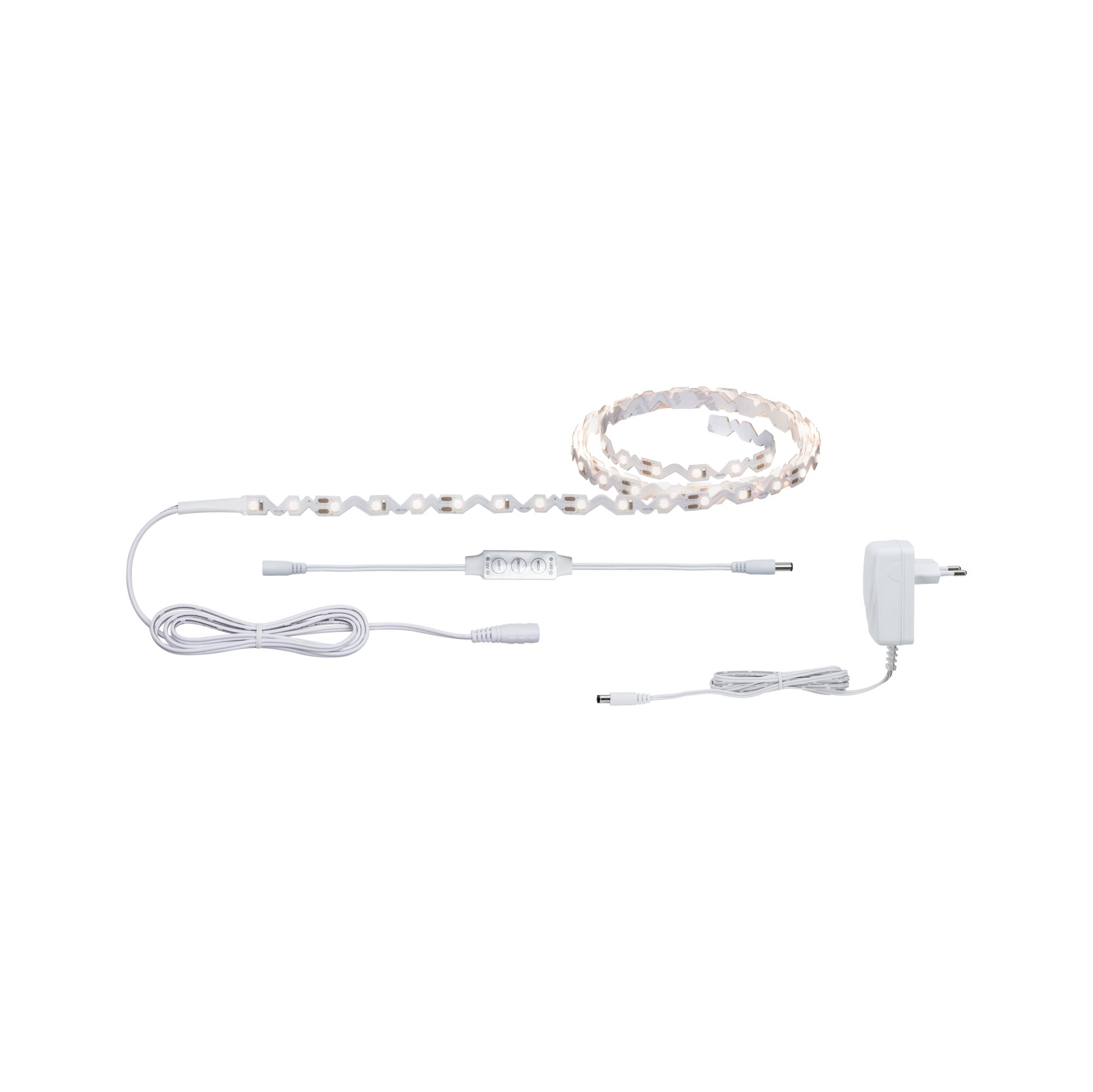 White LED light strip with controller and power adapter for flexible indoor lighting solutions