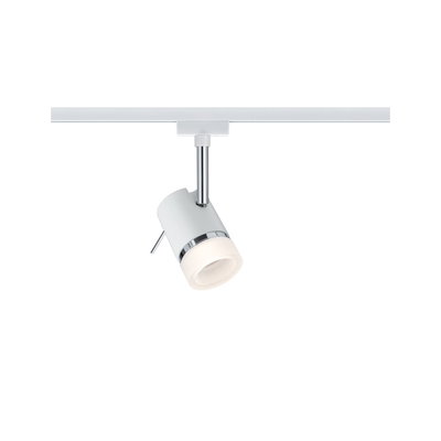 Modern white metal LED spotlight with chrome ring for track lighting system