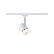 Modern white metal LED spotlight with chrome details for adjustable ceiling lighting