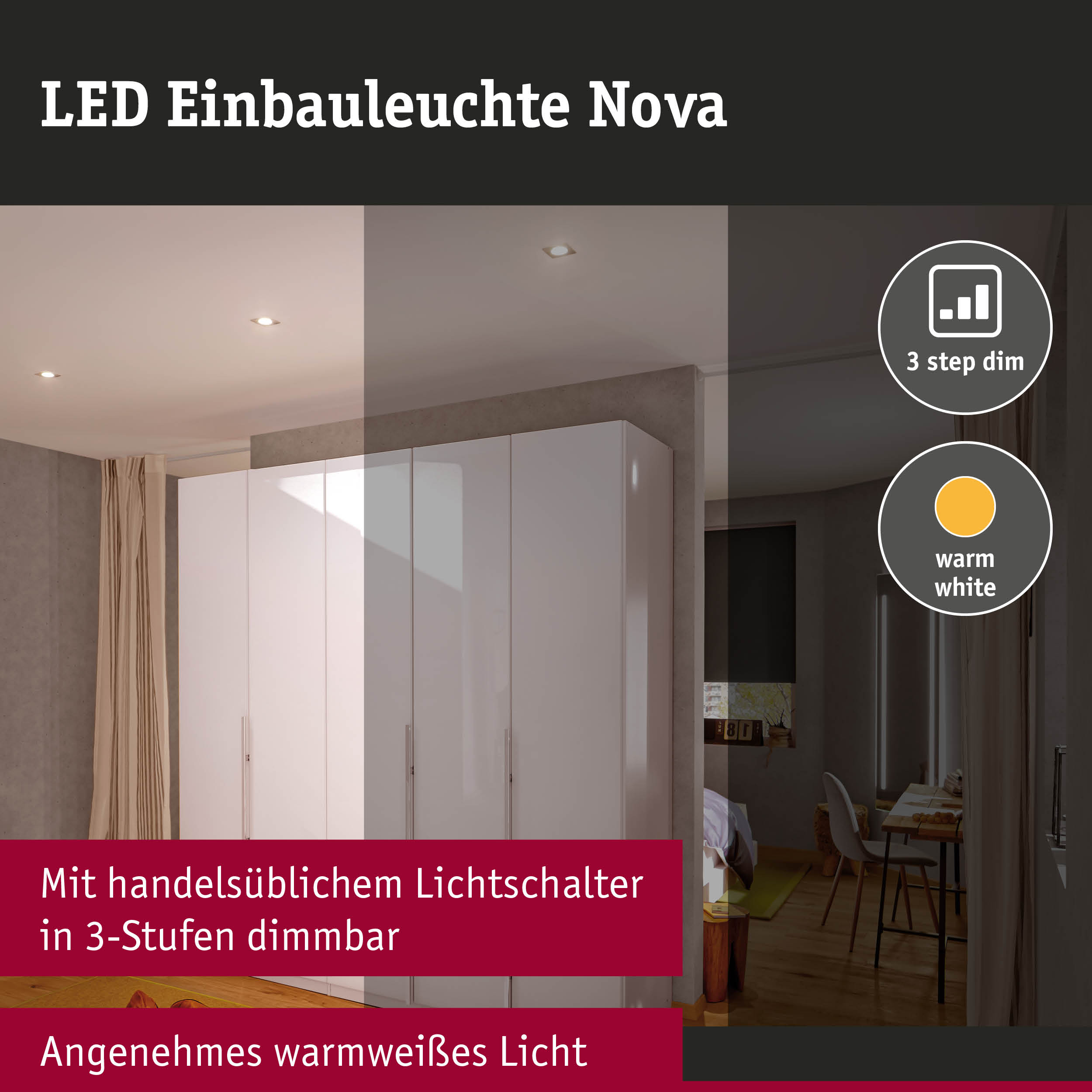 LED Einbauleuchte 3-Step-Dim Nova Basisset schwenkbar eckig 84x84mm 50° GU10 3x6,5W 3x460lm 230V dimmbar 2700K Alu gedreht