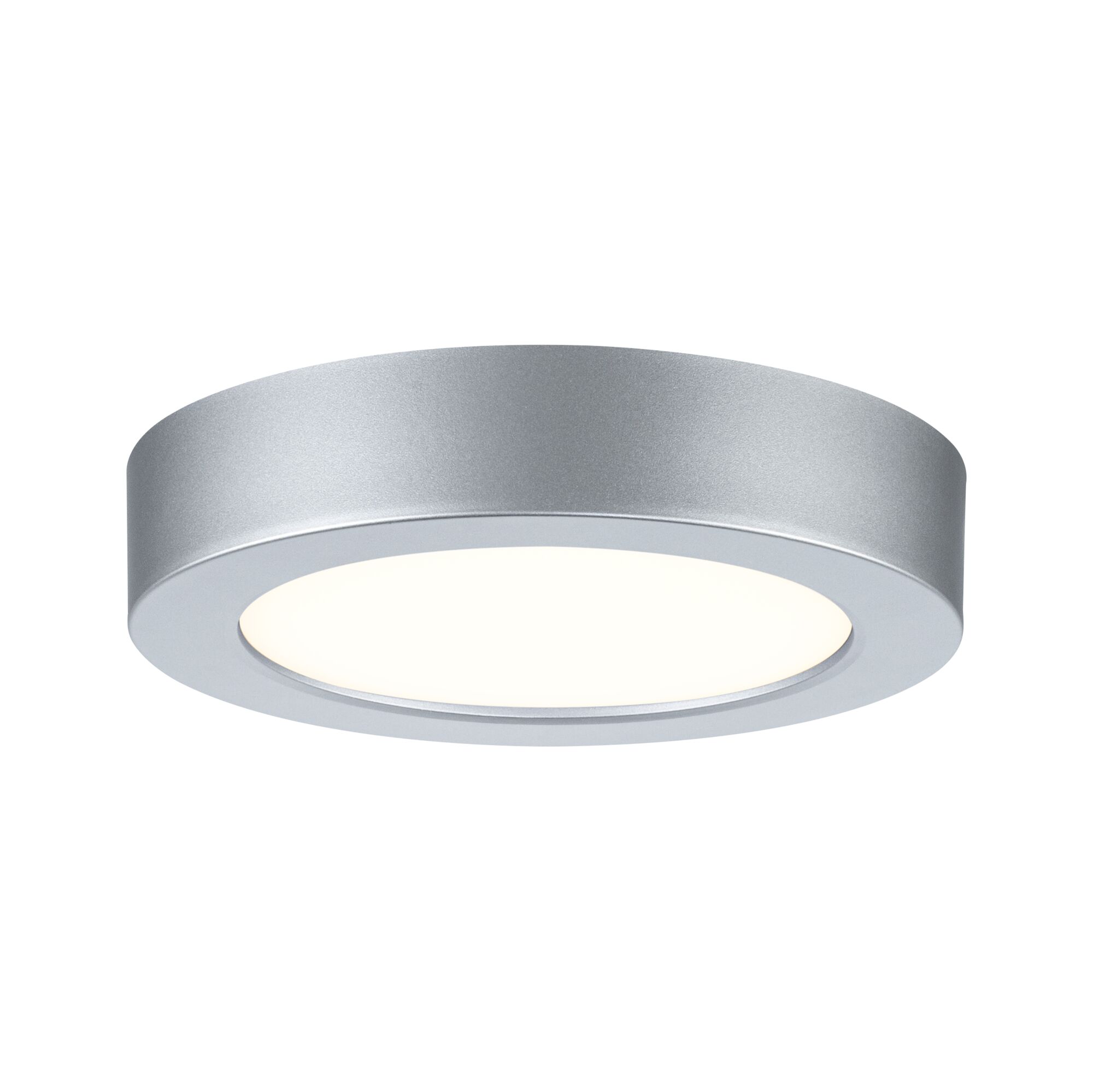 Runde LED-Deckenleuchte aus silbernem Aluminium mit warmweißem Licht für moderne Innenräume