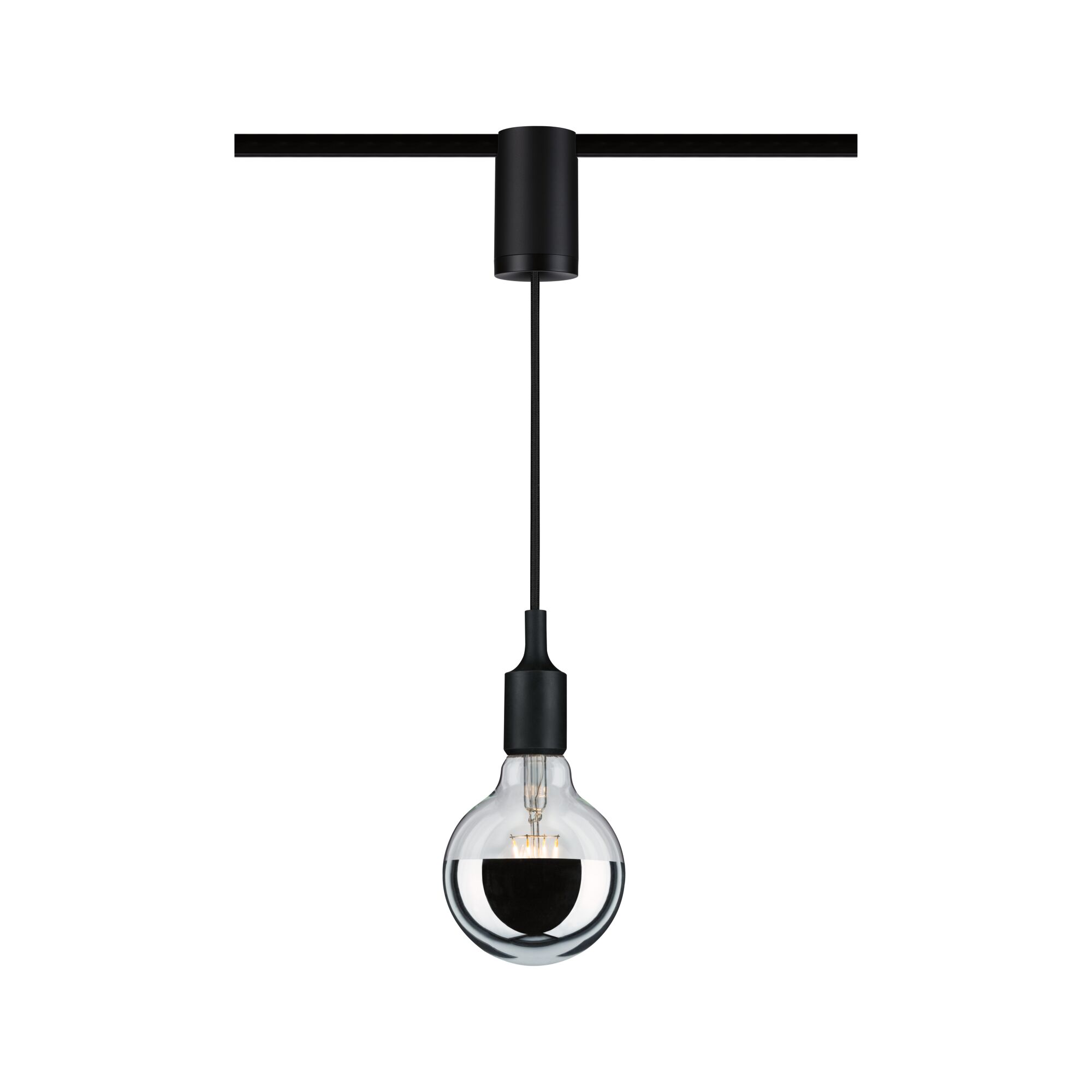 Black pendant light with clear bulb and half-mirrored glass for modern indoor lighting