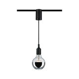 Black pendant light with clear bulb and half-mirrored glass for modern indoor lighting