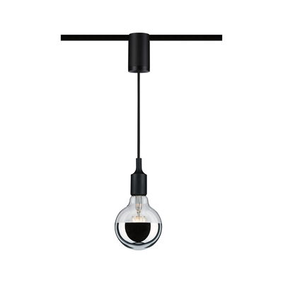 Black pendant light with clear bulb and half-mirrored glass for modern indoor lighting