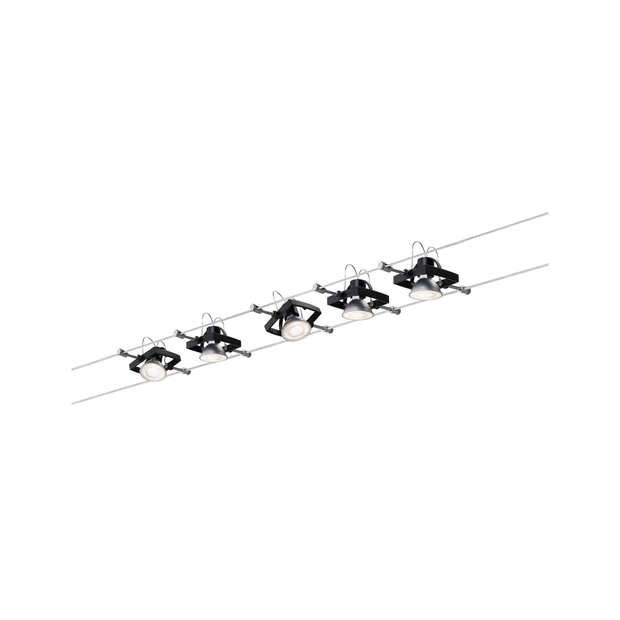 Black cable system with five adjustable metal LED spotlights for modern room lighting