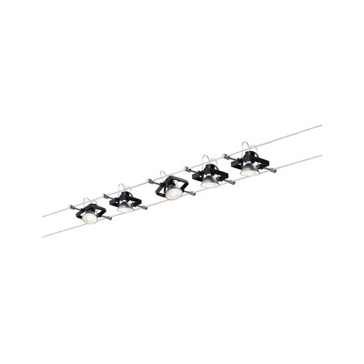 Black cable system with five adjustable metal LED spotlights for modern room lighting