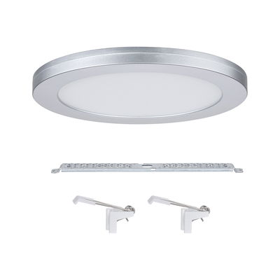 Round silver LED ceiling panel with white diffuser and mounting accessories for energy-efficient lighting