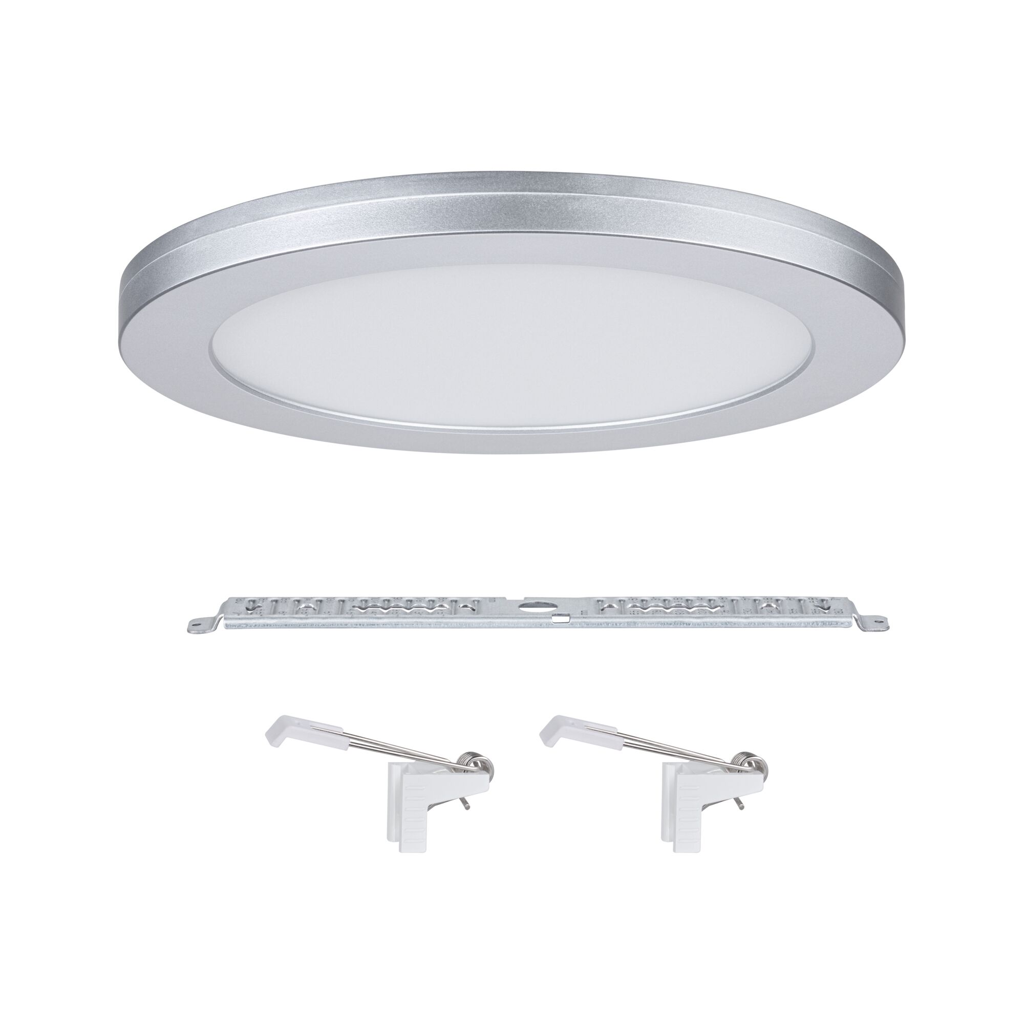 Rundes LED-Deckenpanel in Silber mit weißem Diffusor und Montagematerial für energiesparende Beleuchtung