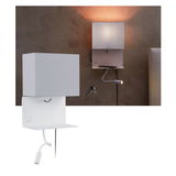 Weiße Wandlampe mit Stoffschirm und flexiblem Lesearm aus Metall für modernes Wohnambiente