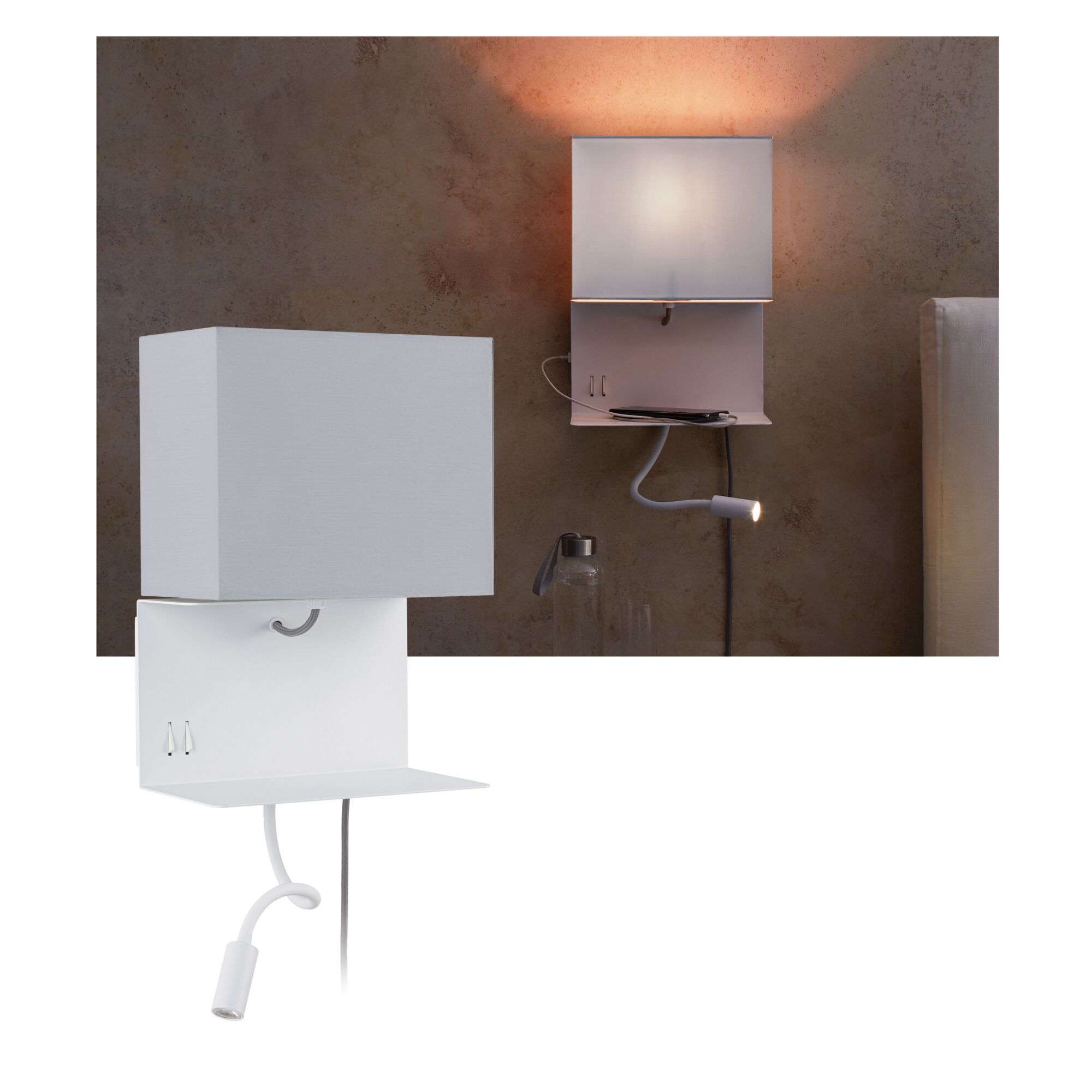 Wandlamp met plankje Merani E27 3000K 120lm 230V 2,5W dimbaar Grijs/Wit Witte wandlamp met stoffen kap en flexibele leesarm van metaal voor moderne woonruimtes