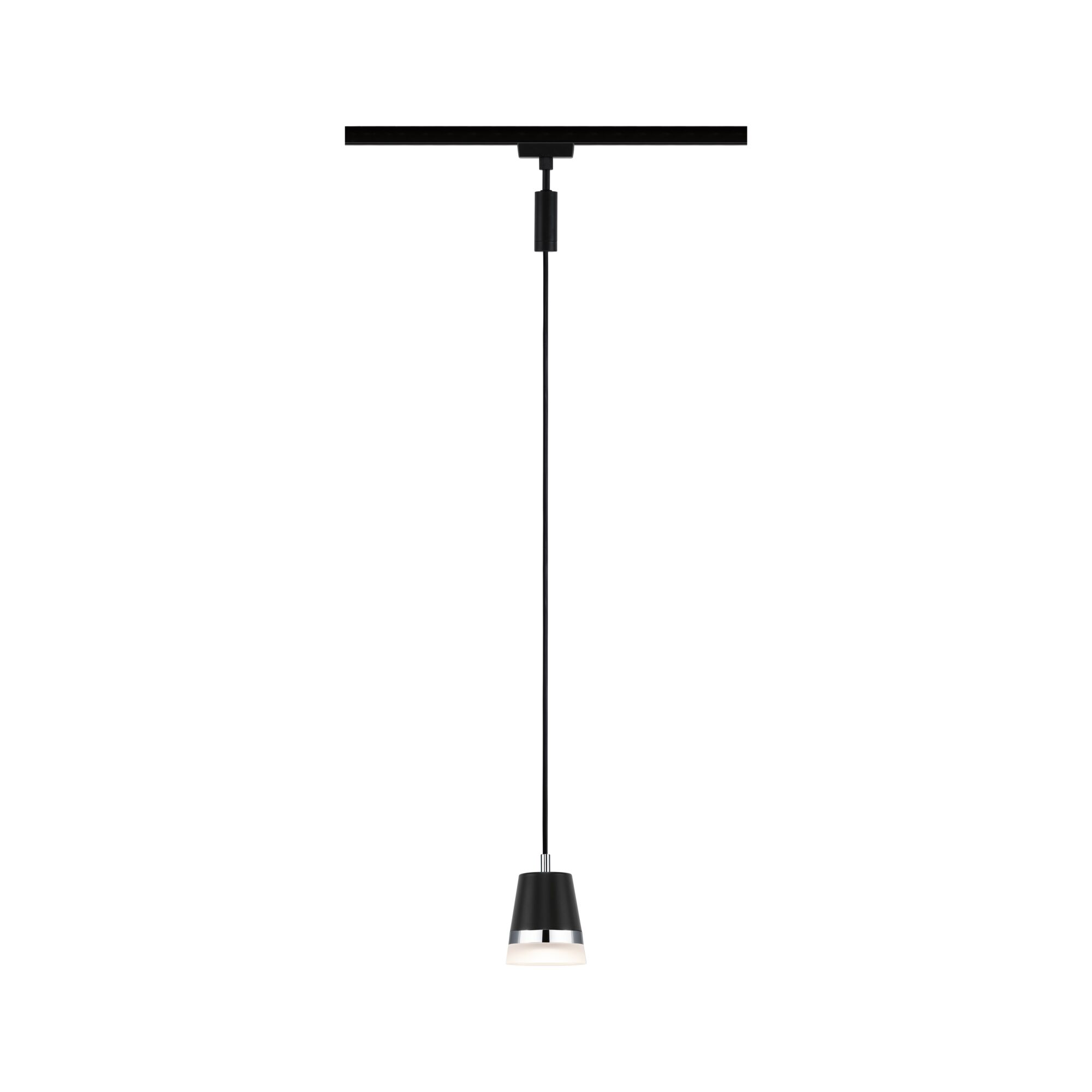 Schwarze Pendelleuchte aus Metall mit weißem Diffusor und Chromring für moderne Innenbeleuchtung