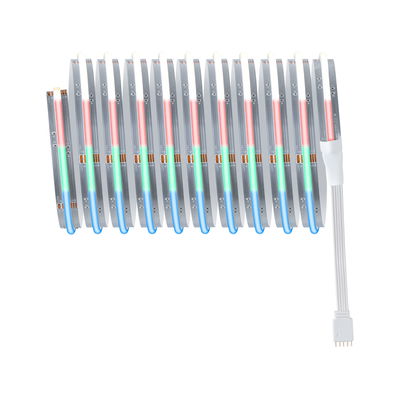 Flexibler RGB-LED-Streifen mit silberner Platine und weißem Anschlusskabel für dekorative Beleuchtung