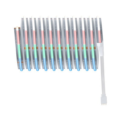 Flexibler RGB-LED-Streifen mit silberner Platine und weißem Anschlusskabel für dekorative Beleuchtung