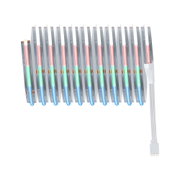 Flexibler RGB-LED-Streifen mit silberner Platine und weißem Anschlusskabel für dekorative Beleuchtung