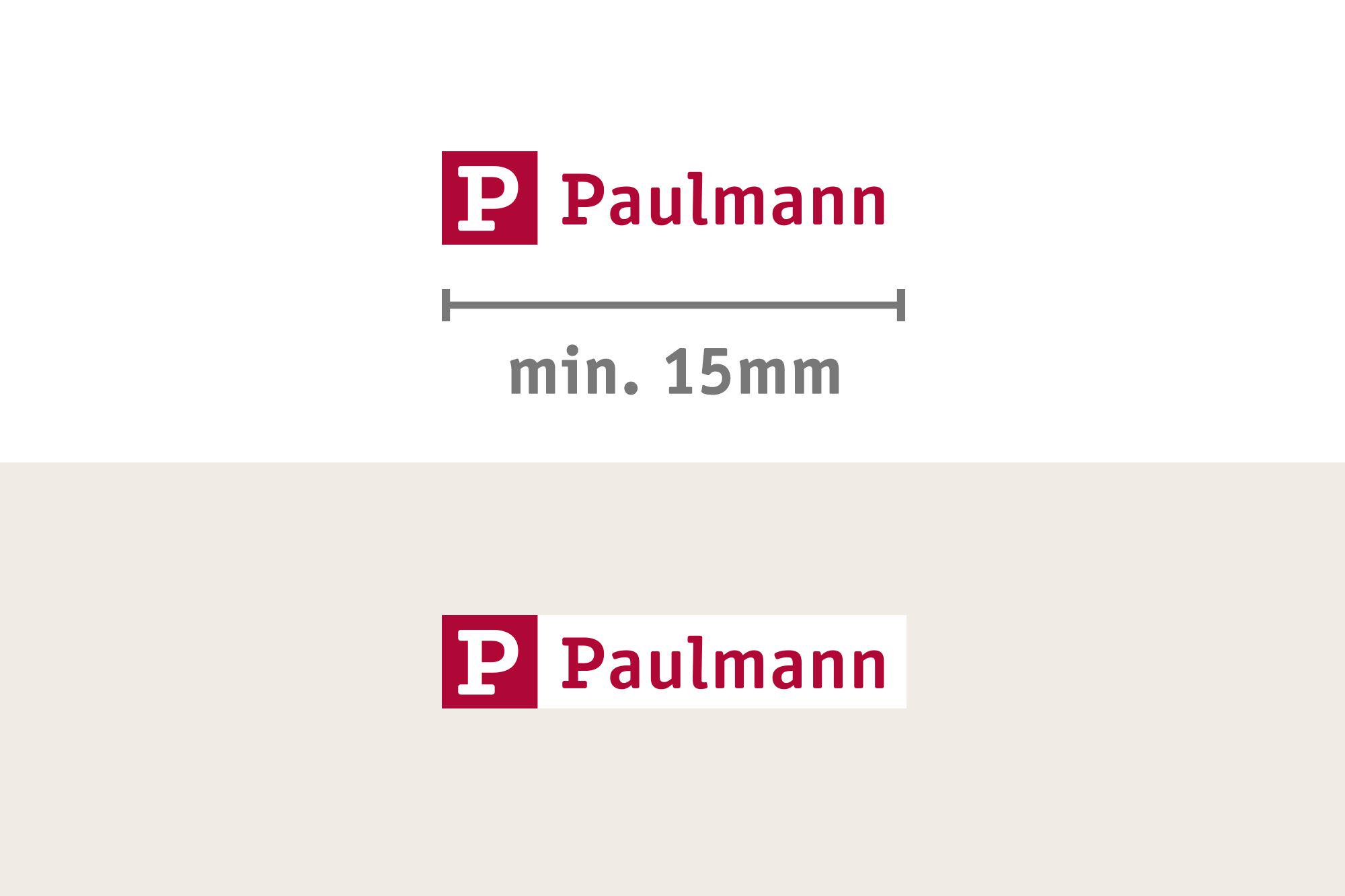 Paulmann Logo mit Mindestabstand von 15 mm für klare Markenpräsentation im Beleuchtungsbereich