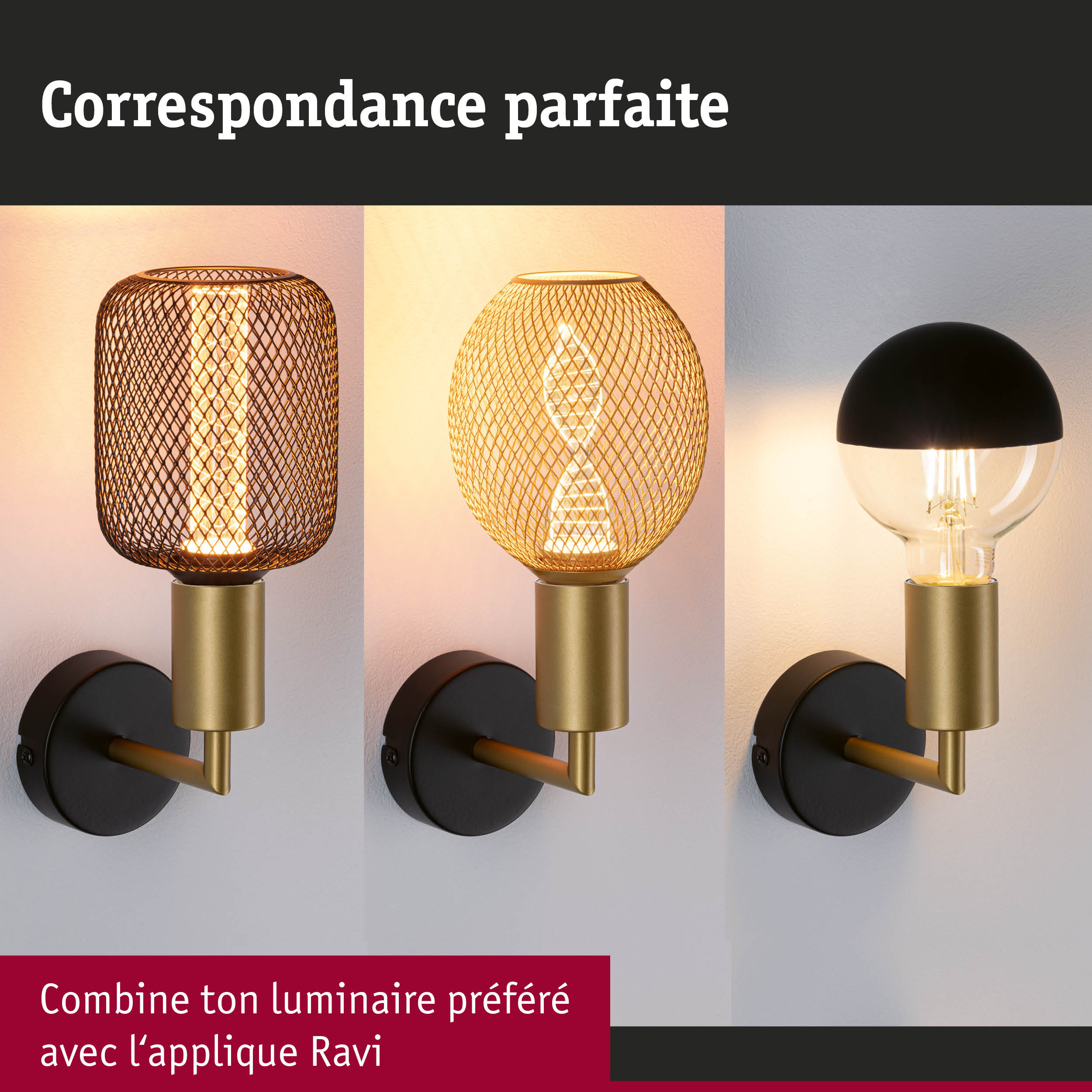 Trois appliques murales avec bras en métal doré et abat-jours en fil métallique et verre pour éclairage intérieur