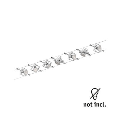 Moderne kabelspot met zes zilveren metalen LED-spotjes zonder lampen