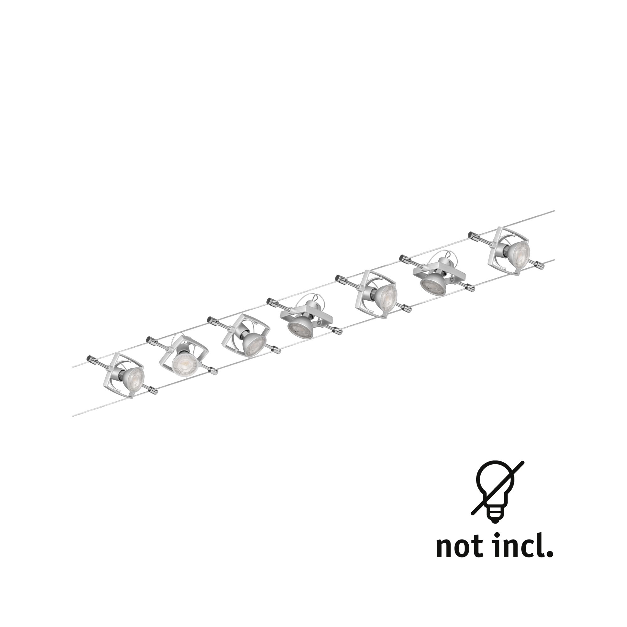 Modern cable spotlight with six silver metal LED spots without bulbs included