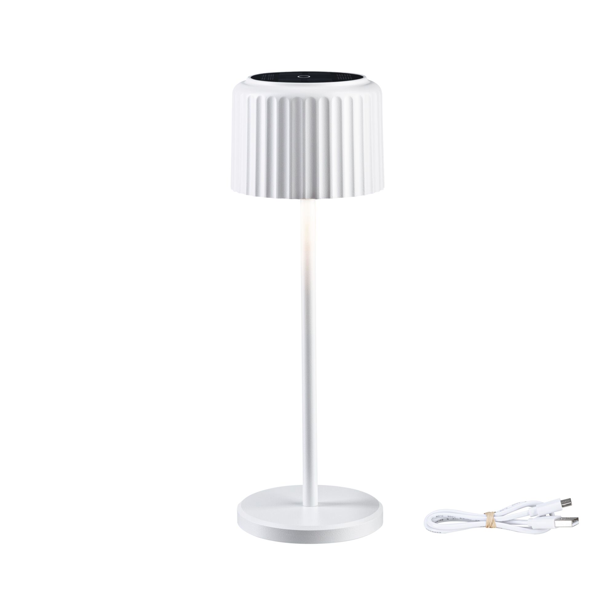 White table lamp with ribbed shade and USB charging cable, modern LED lighting solution
