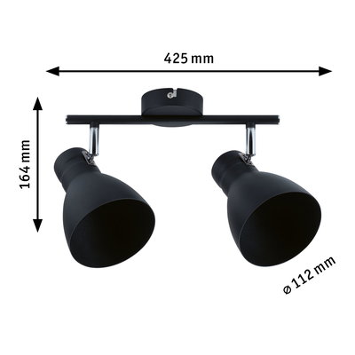 Zwarte metalen plafondlamp met twee verstelbare spots van 425x164x112 mm voor woonruimtes