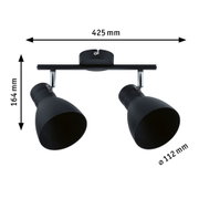 Black metal ceiling light with two adjustable spots measuring 425x164x112 mm for living spaces