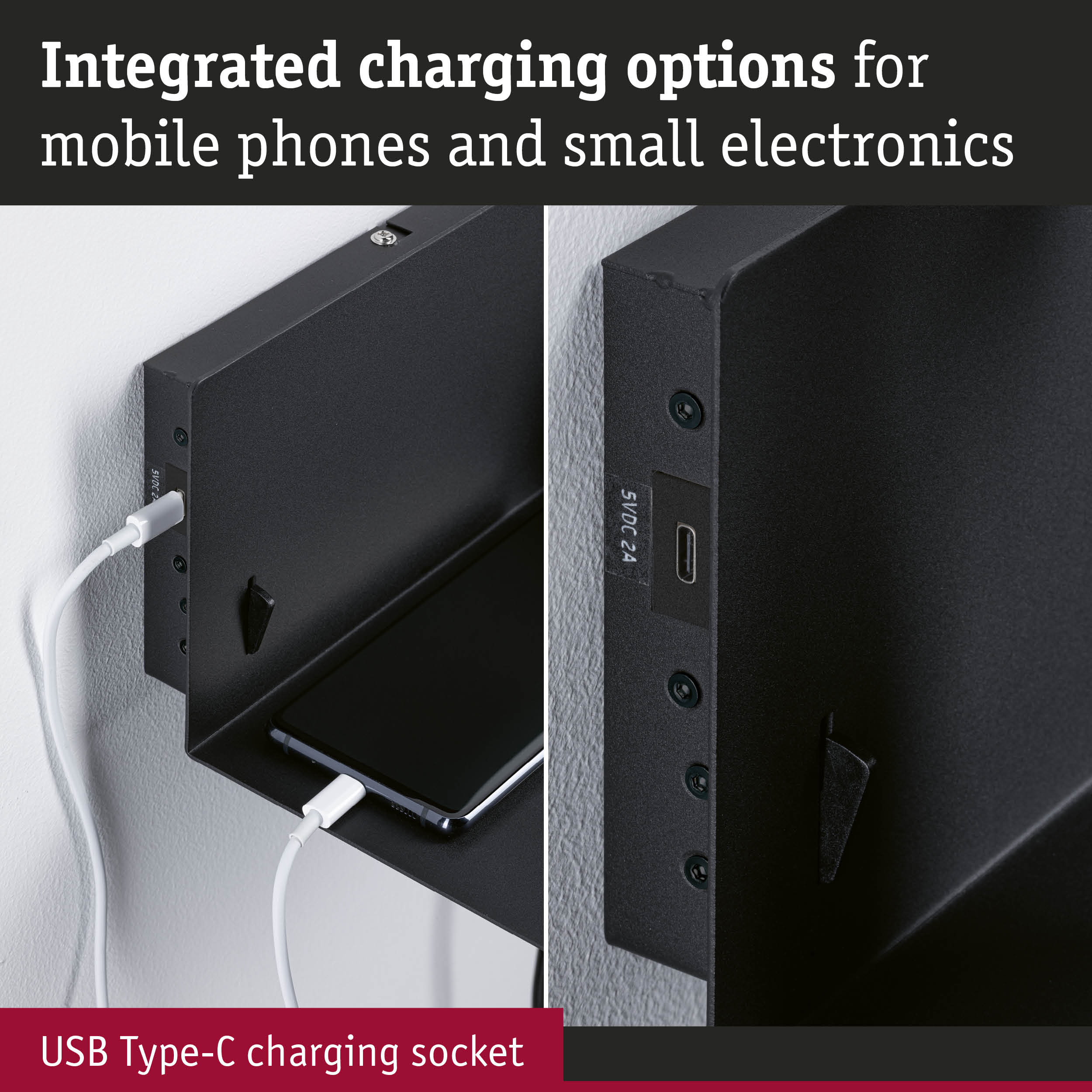 Black wall mount with integrated USB Type-C charging socket for mobile phones and small electronics.